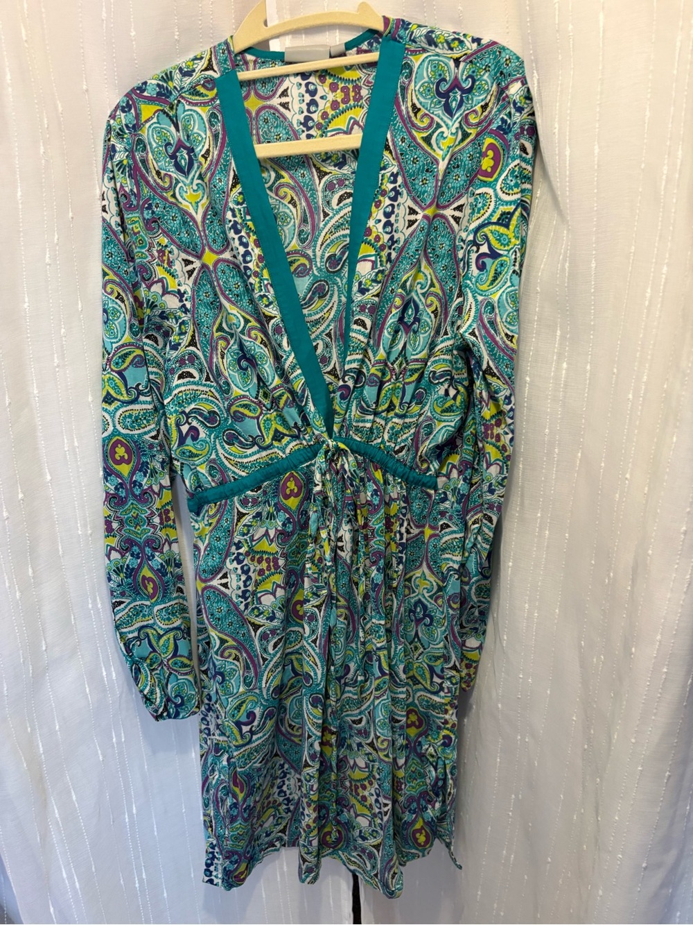 Athleta Teal Paisley Long-Sleeve Wrap Dress